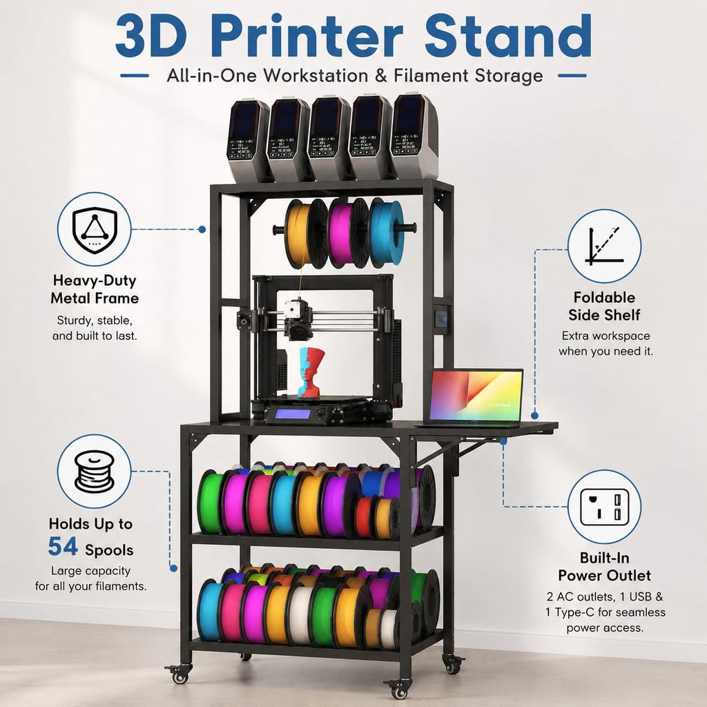 Heavy Duty 3D Printer Stand with Filament Storage Rack, Mobile 3D Printer Workbench with T-Shaped Filament Spool Holder, Lockable Wheels & Storage Shelves for Home Office Workshop (Style A)