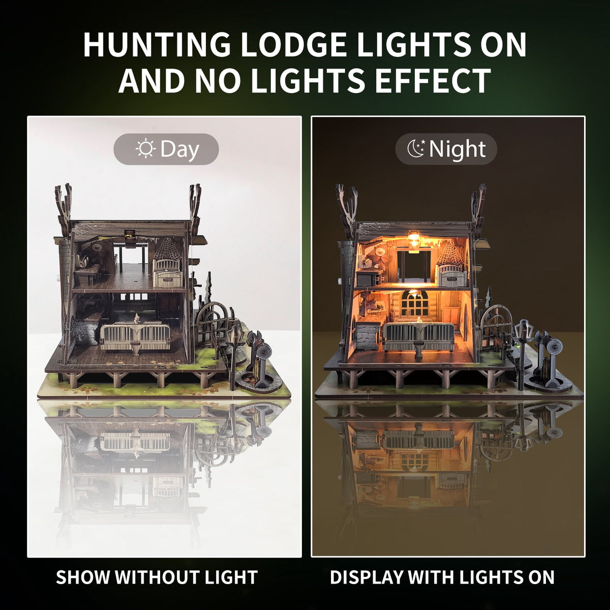 ZYLEGEN Hunting-Cabin Lighting DIY Miniature House Kit Set - Retro Wooden Cabin LED Light 3D Wooden Puzzle Set 129 Pcs for Adults and Teen