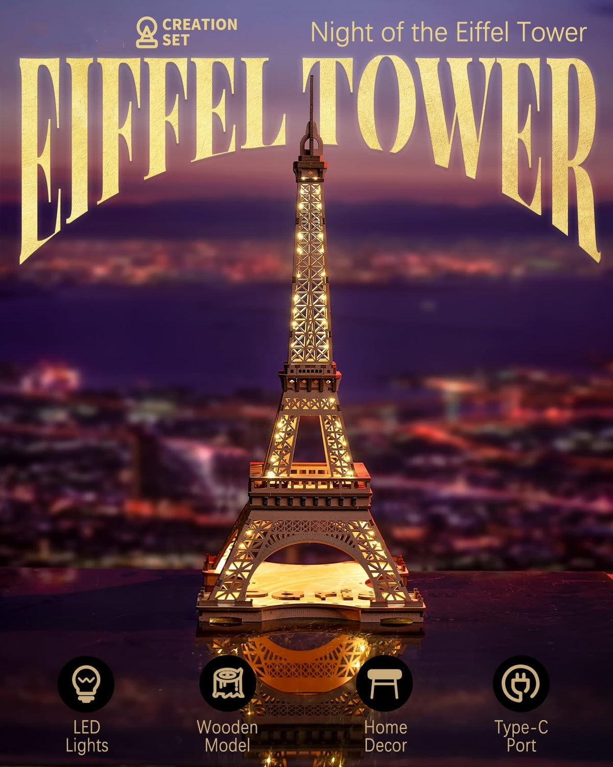 Rolife Night of the Eiffel Tower 3D Wooden Puzzle,Craft Kits With Lights Architecture Construction Model for Teens Adult