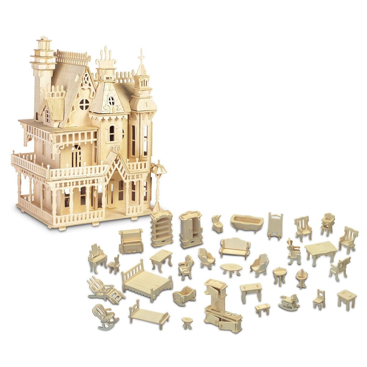 Puzzled Bundle of Furniture Set & Fantasy Villa Doll House Wooden 3D Puzzles Construction Kits, Educational DIY Playhouse Toys Assemble Unfinished Wood Craft Hobby Puzzles to Build & Paint - 2 Pack
