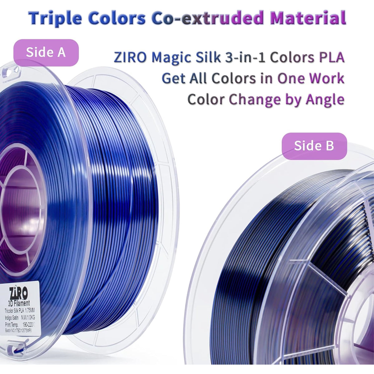 Ziro 3D Tri-color Silk PLA 1.75mm 1kg, Indigo Satin