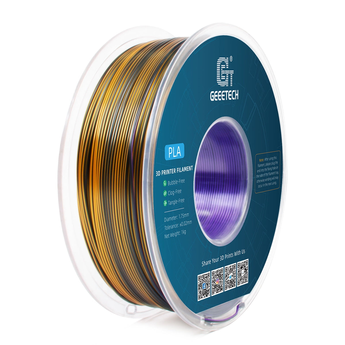 Geeetech Anti-silk type 3D Printer PLA Filament 1kg Toughness Enhanced Filament with 1.75mm Dimensional Accuracy +/-0.03mm, 1080 Feet per Roll, Vacuum Packaging Three-color blue, purple and black
