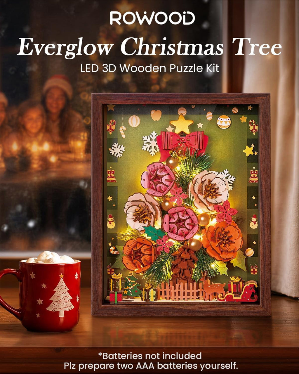 ROWOOD Everglow Christmas Tree, Flower 3D Wooden Puzzle with LED Lights, DIY Holiday Botanical Decoration for Adults Xmas Gift
