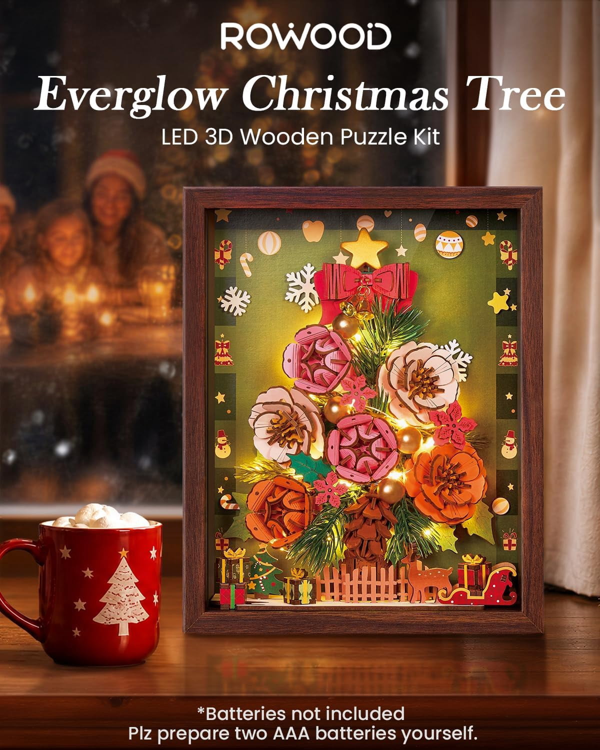 ROWOOD Everglow Christmas Tree, Flower 3D Wooden Puzzle with LED Lights, DIY Holiday Botanical Decoration for Adults Xmas Gift