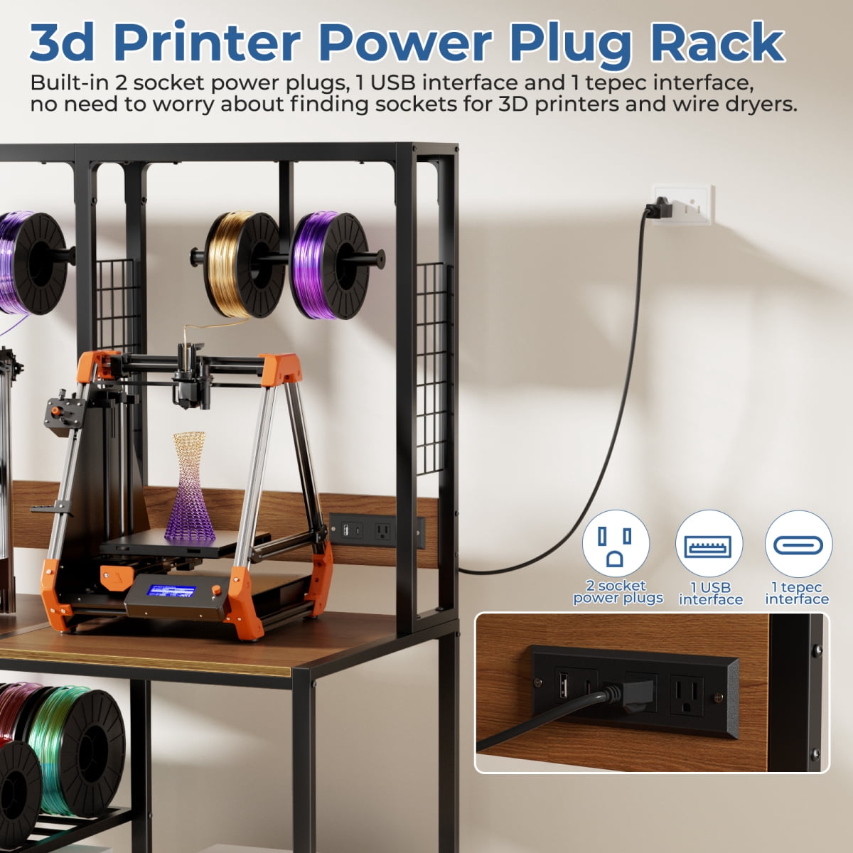 ENTU 3D Printer Stand with Filament Storage Heavy Duty Metal Workstation with T-Type Spool Holder Built-In Power Panel for Home Workshop Black