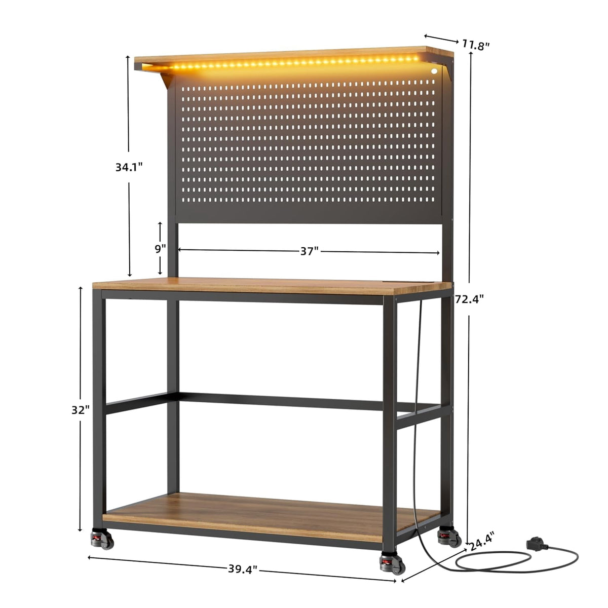 PakaLife 39.4"W 3D Printer Stand with Filament Storage, LED Lights and Charging Station, Spools Holder Racks, for Workshop/Office/Garage, Brown