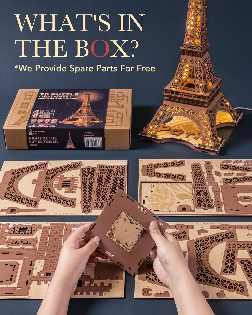Robotime 3D Wooden Puzzle with Lights - Night of the Eiffel Tower, Architectural Craft Kit for Construction - Teens and Adults