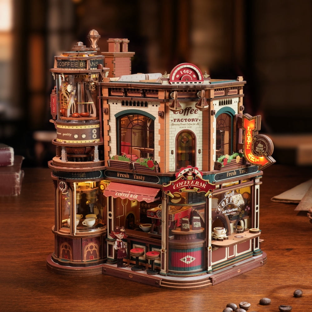 ROKR Dream Coffee Factory Music Box Wooden 3D Puzzle for Adult, LED Lights & Music Building Mechanical Model Kits Home Decor Xmas Gift