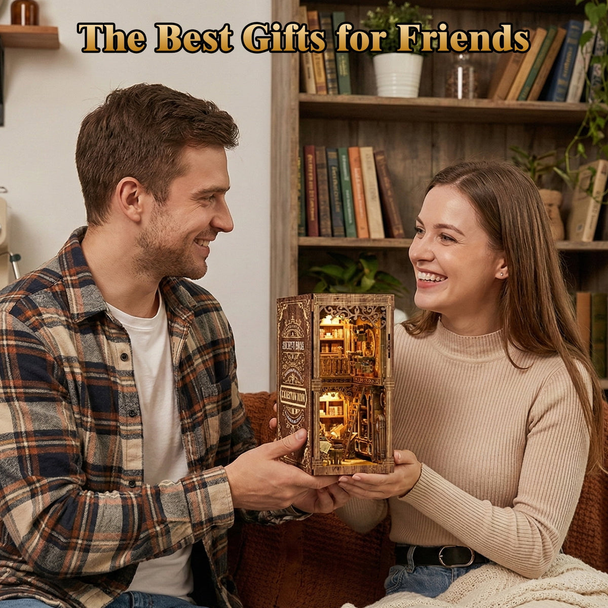 Book Nook Kit for Adults, 3D Wooden Puzzle with LED Light, Ancient Book Collection Model Bookshelf Decor, DIY Miniature MDF Bookshelf Craft Decor