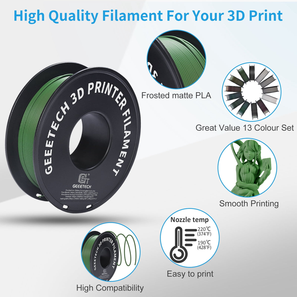 Geeetech navy blue Matte PLA Filament Matte 1KG, 1.75mm 3D Printer Filament Dimensional Accuracy +/- 0.01mm, 1kg Carboard Spool (2.2lbs) for Most FDM 3D Printers