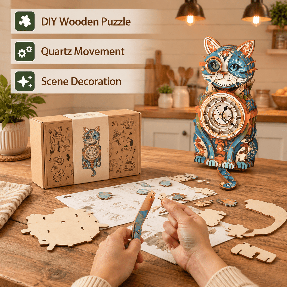 Fire Phoenix Wooden 3D Puzzle Clock DIY Model Kit for Adults