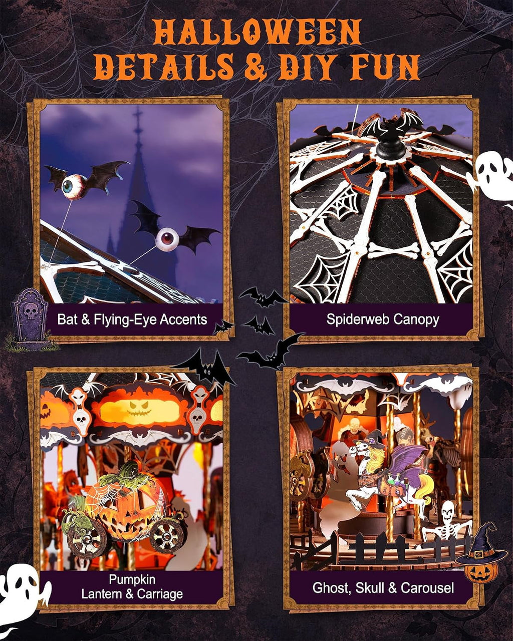 Rolife Phantom Waltz DIY Music Box, 3D Wooden Puzzle with Rotating Halloween Carousel, LED Lights and Music for Adults