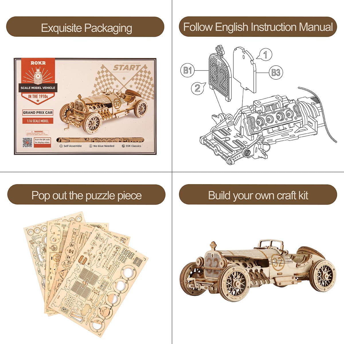 Robotime Grand Prix Car 3D Wooden Puzzle Mechanical 1:16 Scale Car Model Kits,Brain Teaser Puzzles Vehicle Building Kits