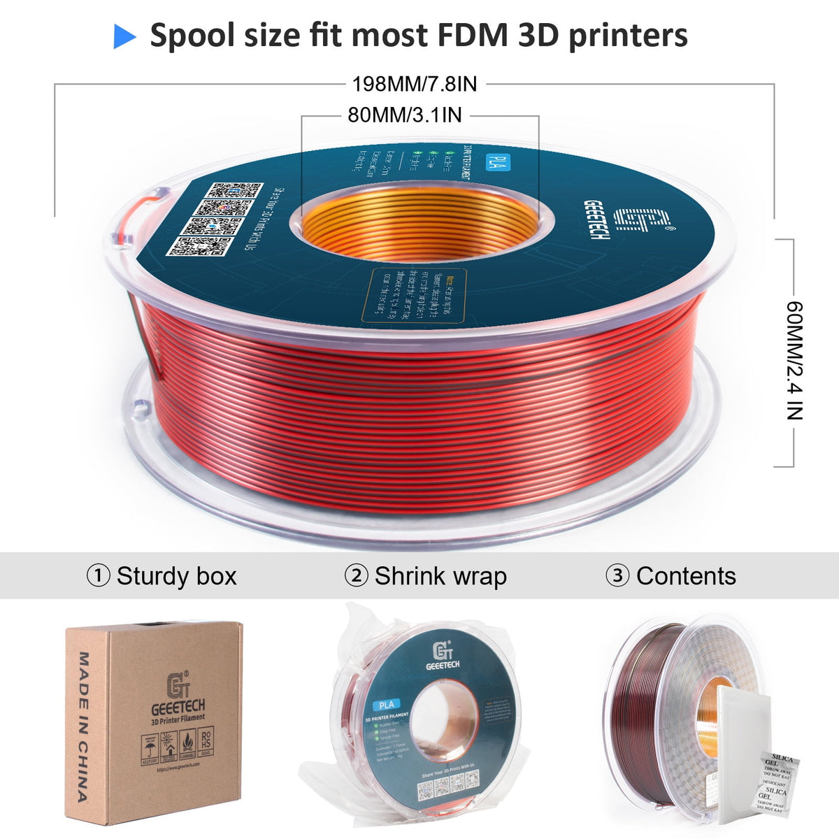 Geeetech Anti-silk type 3D Printer PLA Filament 1kg Toughness Enhanced Filament with 1.75mm Dimensional Accuracy +/-0.03mm, 1080 Feet per Roll, Vacuum Packaging Three-color blue, purple and black
