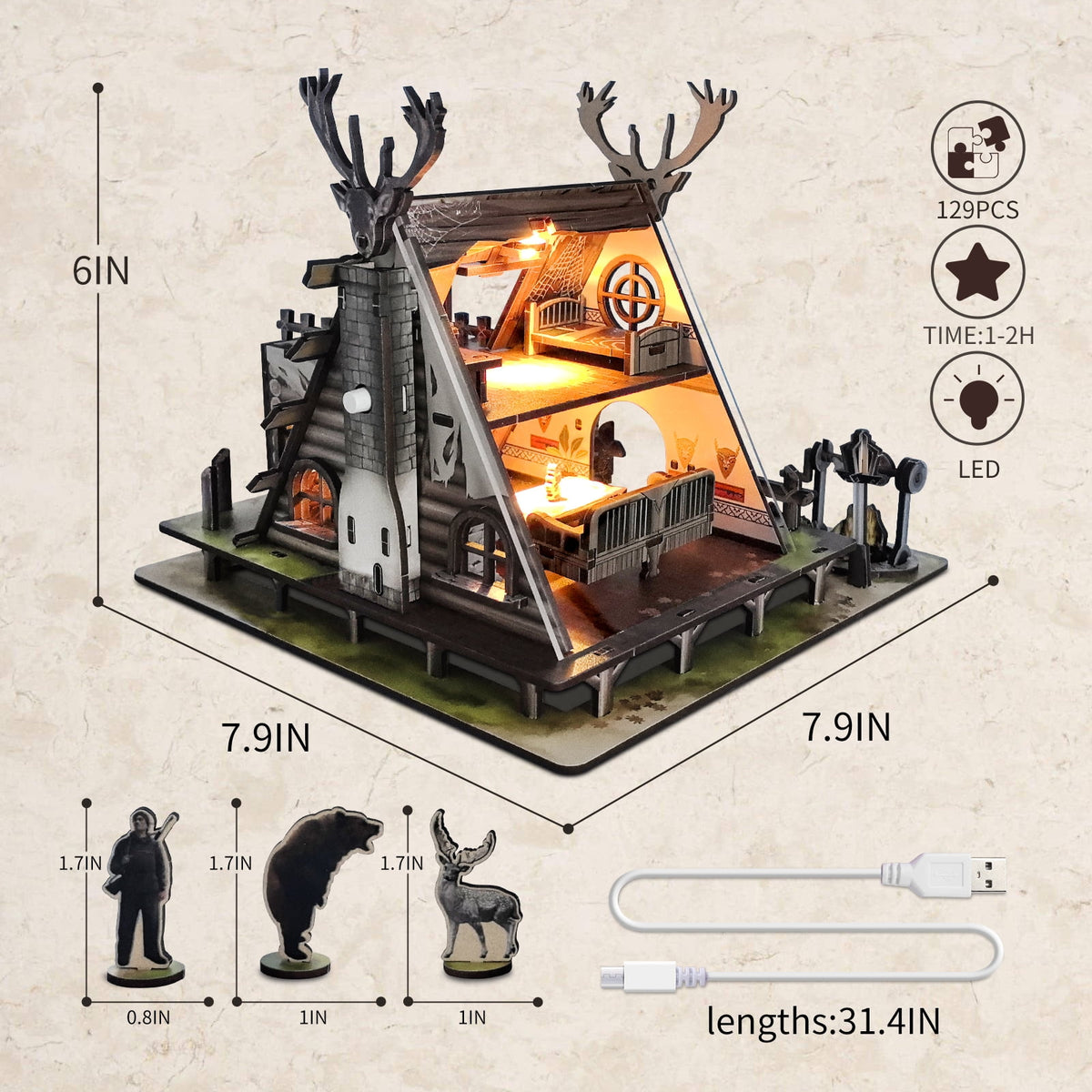 ZYLEGEN Hunting-Cabin Lighting DIY Miniature House Kit Set - Retro Wooden Cabin LED Light 3D Wooden Puzzle Set 129 Pcs for Adults and Teen