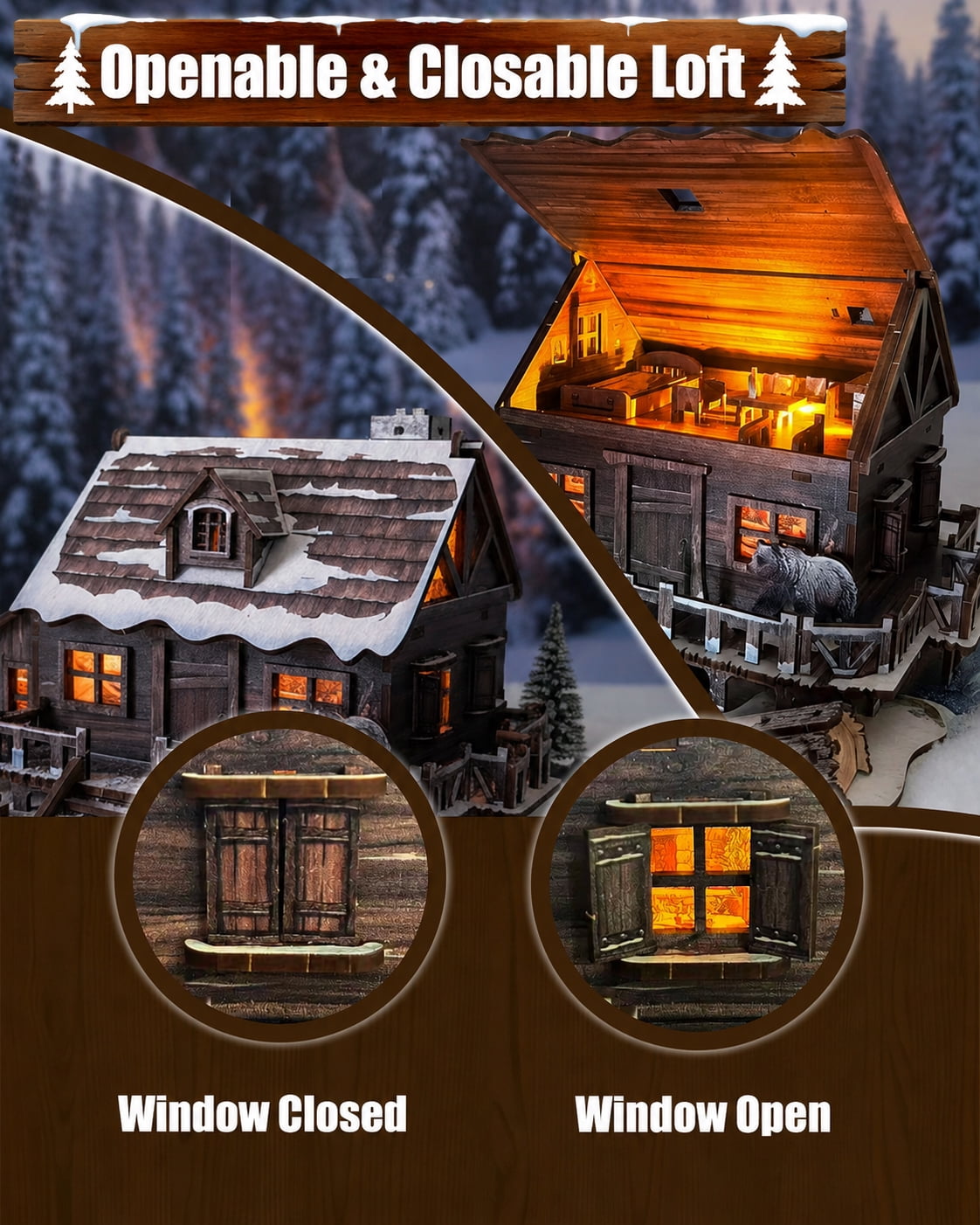 LED 3D Wooden Puzzle Winter Cabin DIY Miniature Building Kit with LED Lights - 3D Craft Rural Wooden Cabin Models Decor Gift for Adult