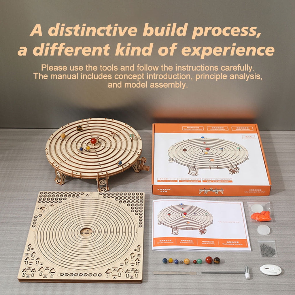 DIY Mechanical Orrery Solar System 3D Wooden Puzzle Kit, 413PCS Planetary Gear DIY Assembly Craft Model with Hand Crank, Rotating Planet Display for Home and Office