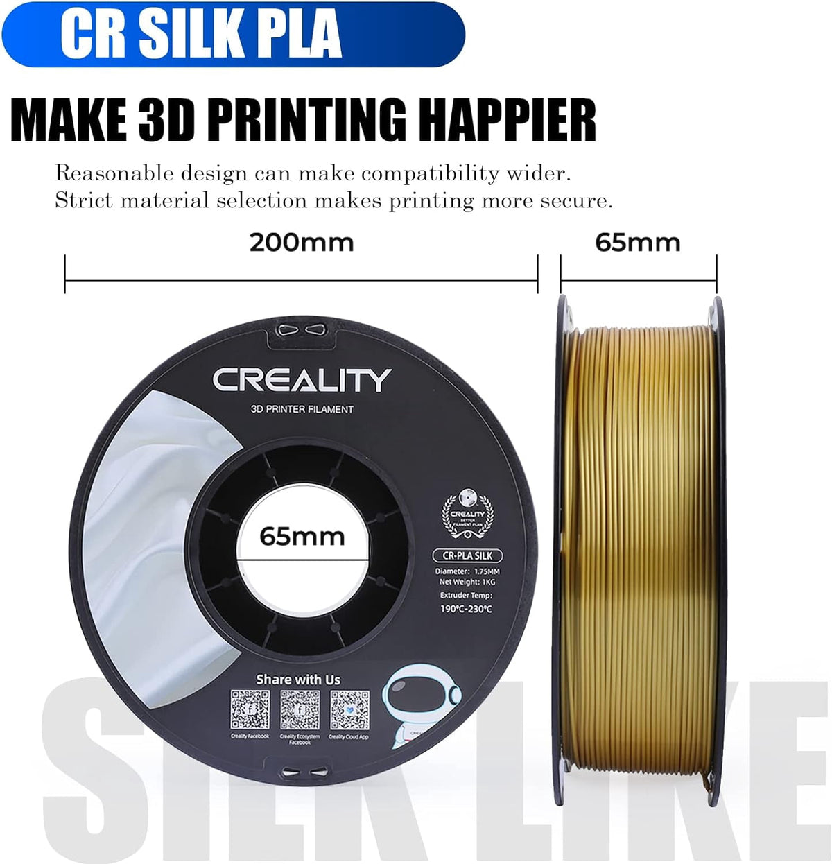 Creality 3D Printing Silk PLA Filament Gold Shiny 1.75mm Filaments Dimensional Accuracy +/- 0.03 mm 2.2lbs for 3D Printers