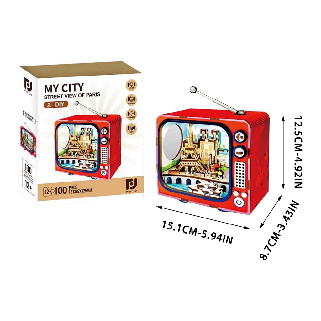 Yardvibe CityVision 3D Wooden Building Puzzle, TV-Shaped 3D Wooden Puzzle with LED Lights & Street View Inside, DIY Craft Model Kit for Adults, Elegant Home Decor & Creative Gift (Japan)