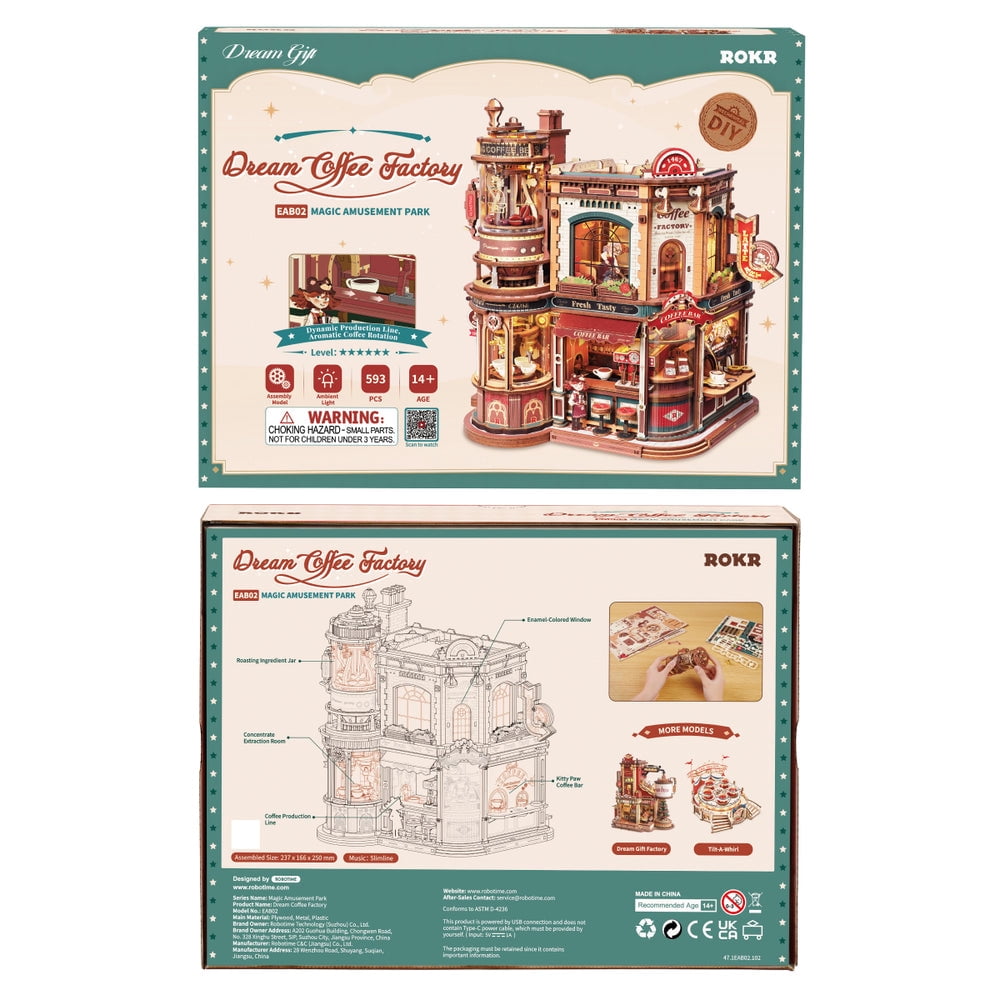 ROKR Dream Coffee Factory Music Box Wooden 3D Puzzle for Adult, LED Lights & Music Building Mechanical Model Kits Home Decor Xmas Gift