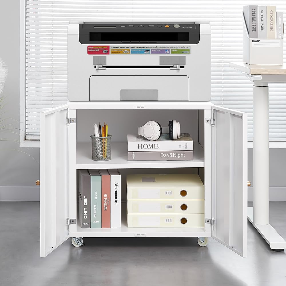 Heavy Duty Metal Printer Stand with Lockable Doors - Adjustable Shelf & Wheels - Large Mobile Filing Cabinet for Office Storage, 3D Printers, Copiers, Heat Press - 90kg Capacity - White, Big