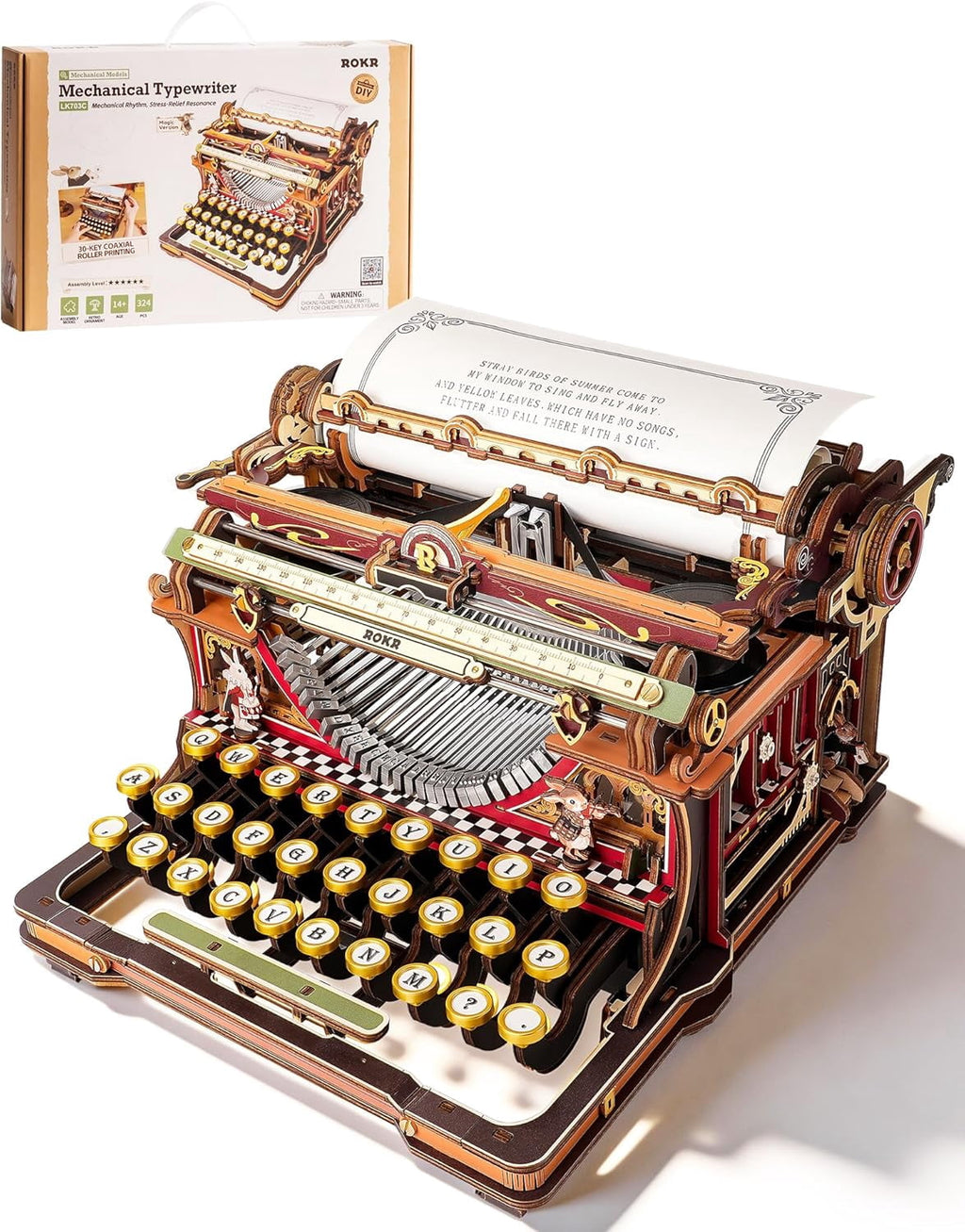ROKR Vintage Typewriter 3D Wooden Puzzle Kit Mechanical Model with Moving Keys and Paper Roller, Retro Desktop Decor Craft for Adults