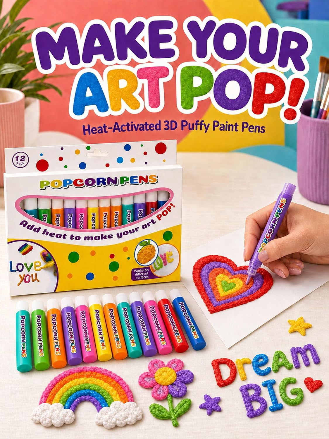 3D Relief Art Pen, Popcornpens Works On Different Surfaces（12 color,2pcs）