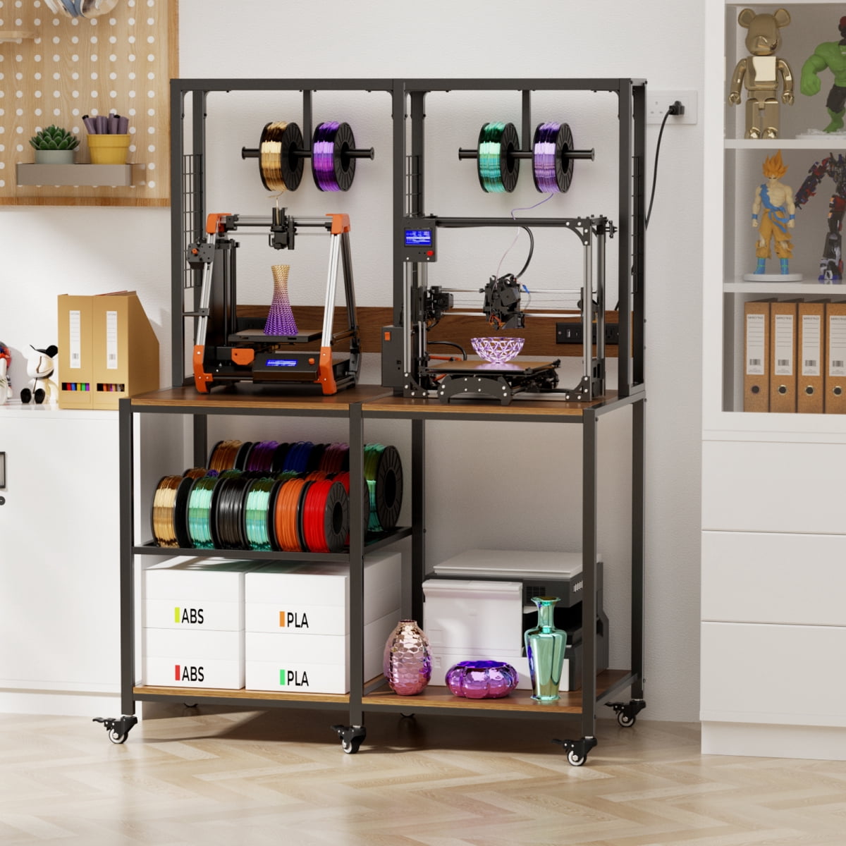 ENTU 3D Printer Stand with Filament Storage Heavy Duty Metal Workstation with T-Type Spool Holder Built-In Power Panel for Home Workshop Black
