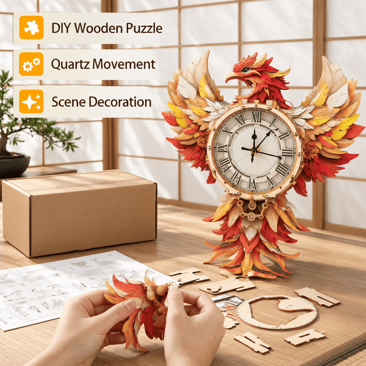 Fire Phoenix Wooden 3D Puzzle Clock DIY Model Kit for Adults