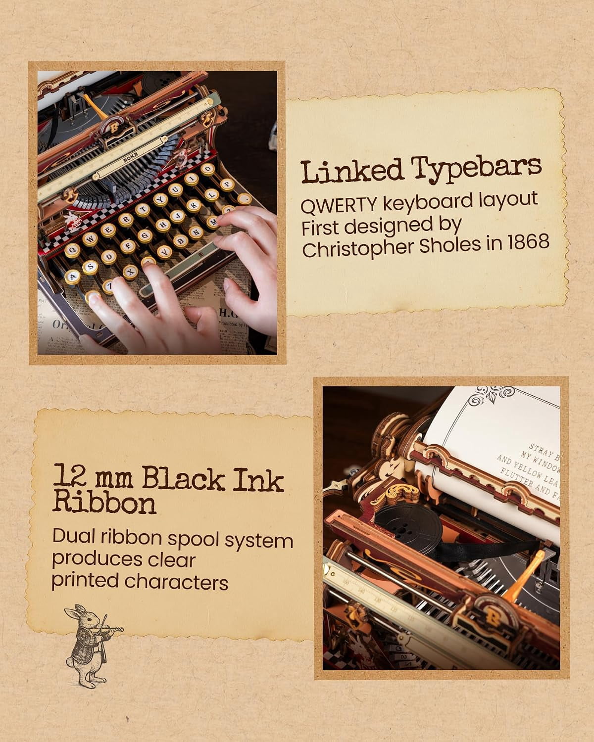 ROKR Mechanical Typewriter 3D Wooden Puzzle for Adults- Vintage Model Kit, No Glue, 324 PCS, 12H Assembly, Magic Version