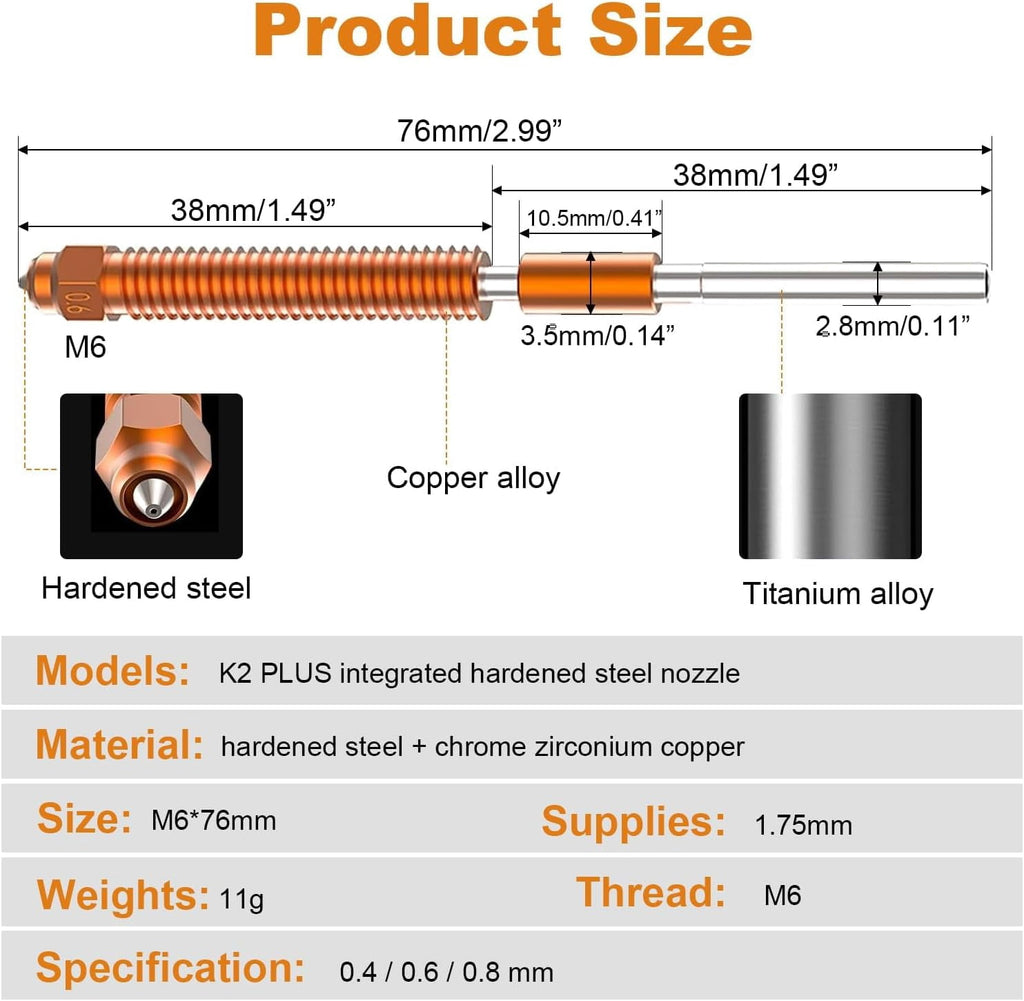 CATPAN Nozzle Replacement Kit for Creality K2 Plus, 0.4/0.6/0.8mm Hotend Nozzles for Creality K2/K2 Pro/Hi 3D Printer, Quick Swap Nozzle Set，High speed and high volume