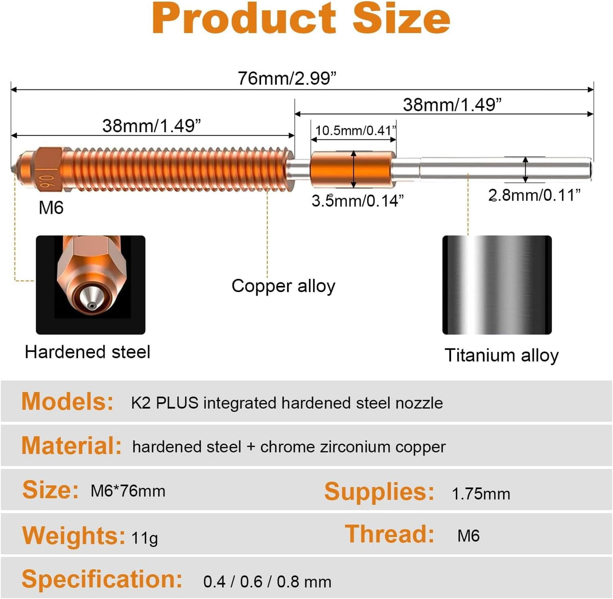 CATPAN Nozzle Replacement Kit for Creality K2 Plus, 0.4/0.6/0.8mm Hotend Nozzles for Creality K2/K2 Pro/Hi 3D Printer, Quick Swap Nozzle Set，High speed and high volume