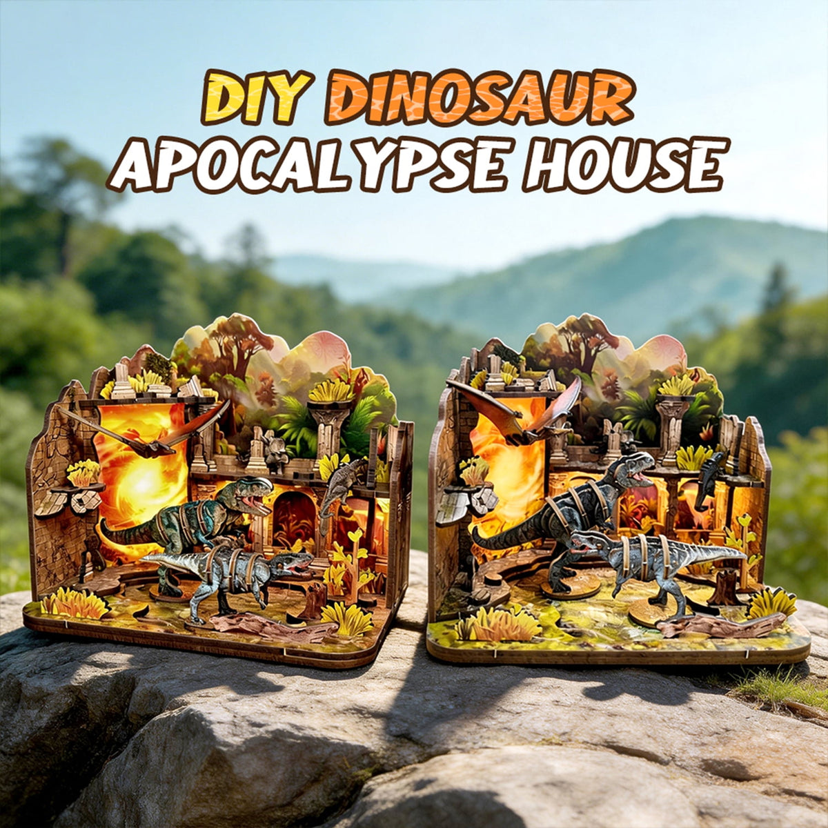 Dinosaur 3D Wooden Puzzle Set 89 Pieces Book Nook Kit with LED Light,Christmas and Birthday Gifts for 14+ Teens Adults