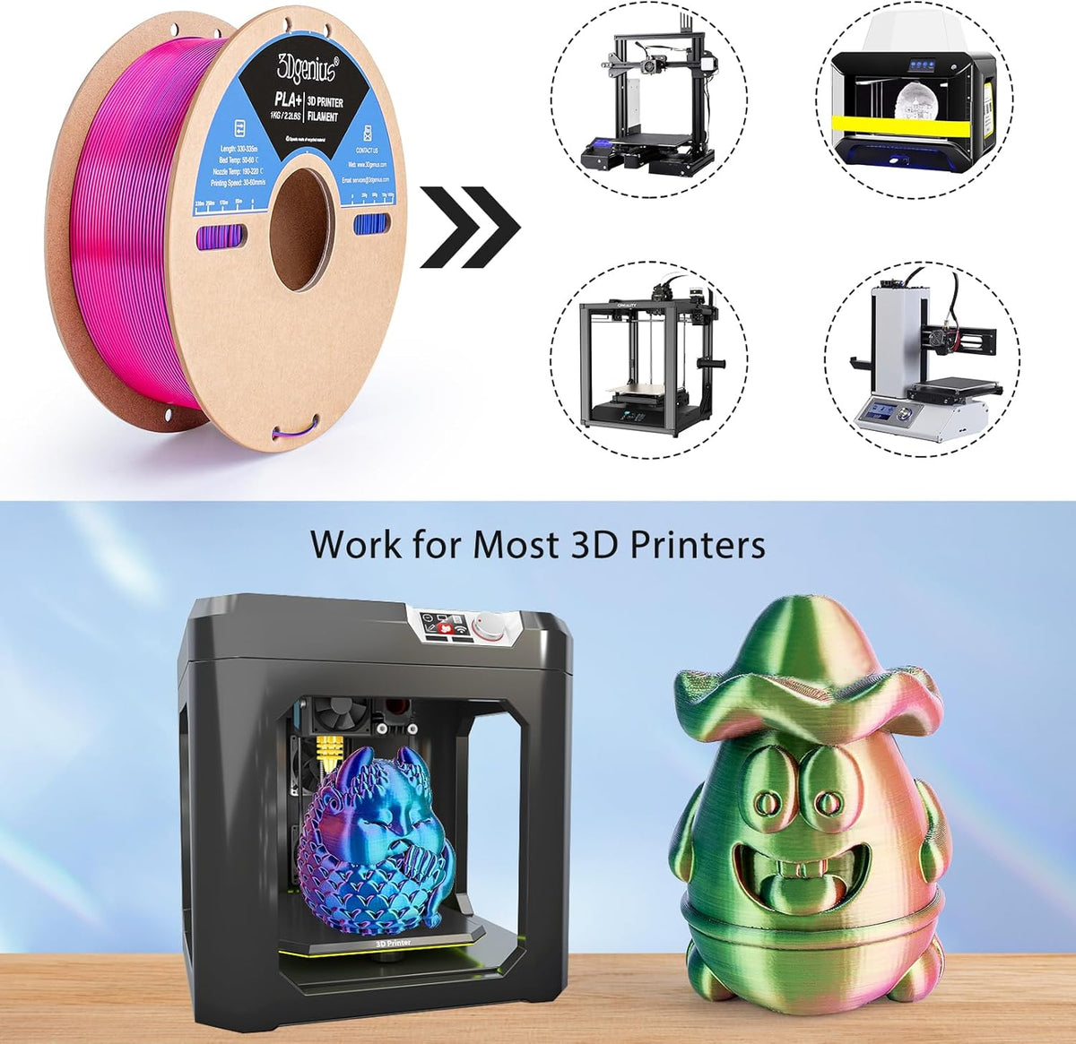 Multicolor 3D Printer Filament,Dual/Tri Color 1.75mm PLA Silk Shiny Printing Filament,250g(0.55lbs) Fit Most FDM 3D Printer