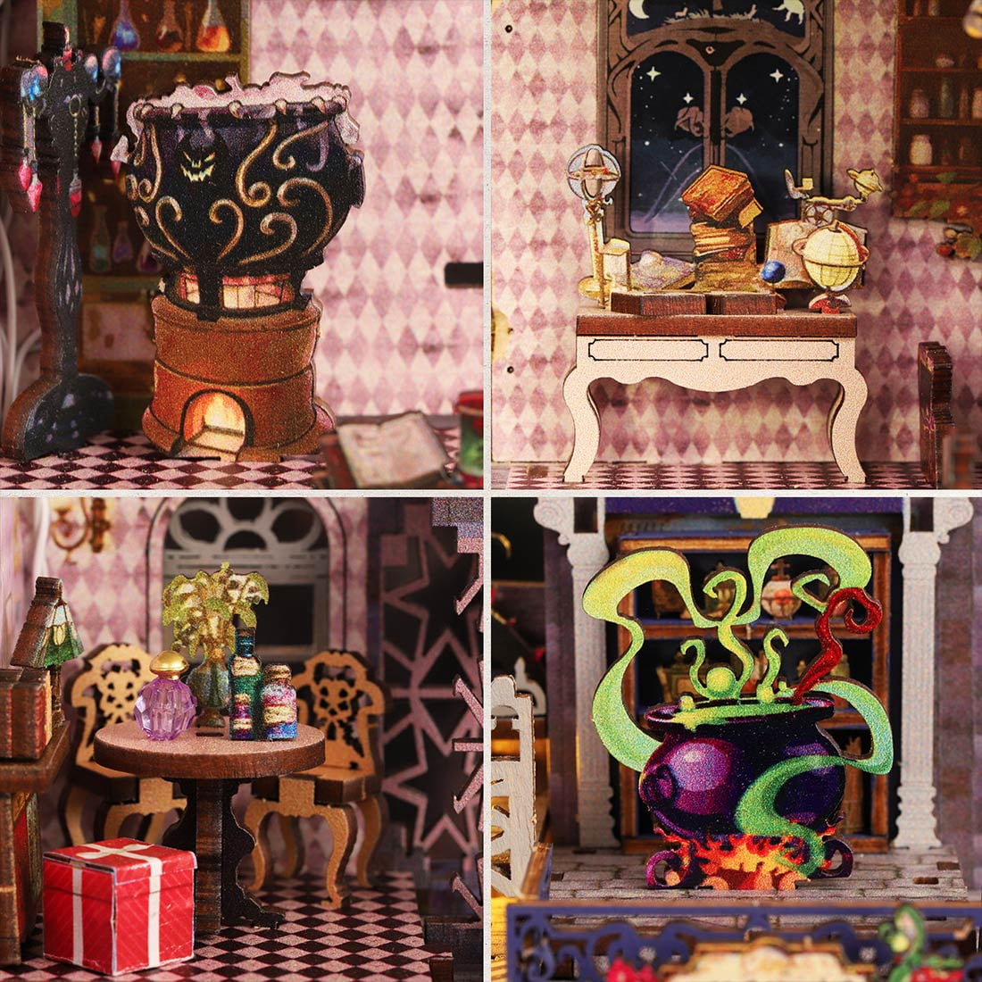 DIY Miniature House Kit, 3D Wooden Puzzle Magic Castle Street Scene Model Kit with Touch Light, Handcrafted Miniature Fairy Tale House for Adults