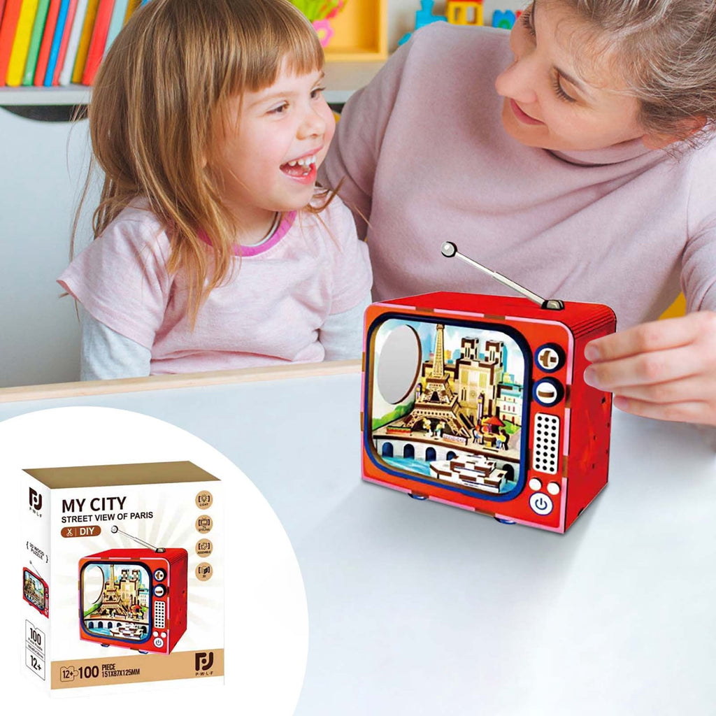 Yardvibe CityVision 3D Wooden Building Puzzle, TV-Shaped 3D Wooden Puzzle with LED Lights & Street View Inside, DIY Craft Model Kit for Adults, Elegant Home Decor & Creative Gift (Japan)