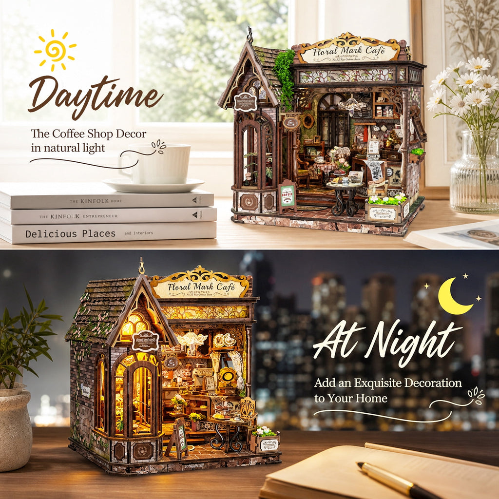 MOJINO Book Nook Kit for Adults, Floral Mark Cafe DIY Miniature House Kit with LED Light, 3D Wooden Puzzle Bookshelf Decor Craft Kit, 368 Pieces