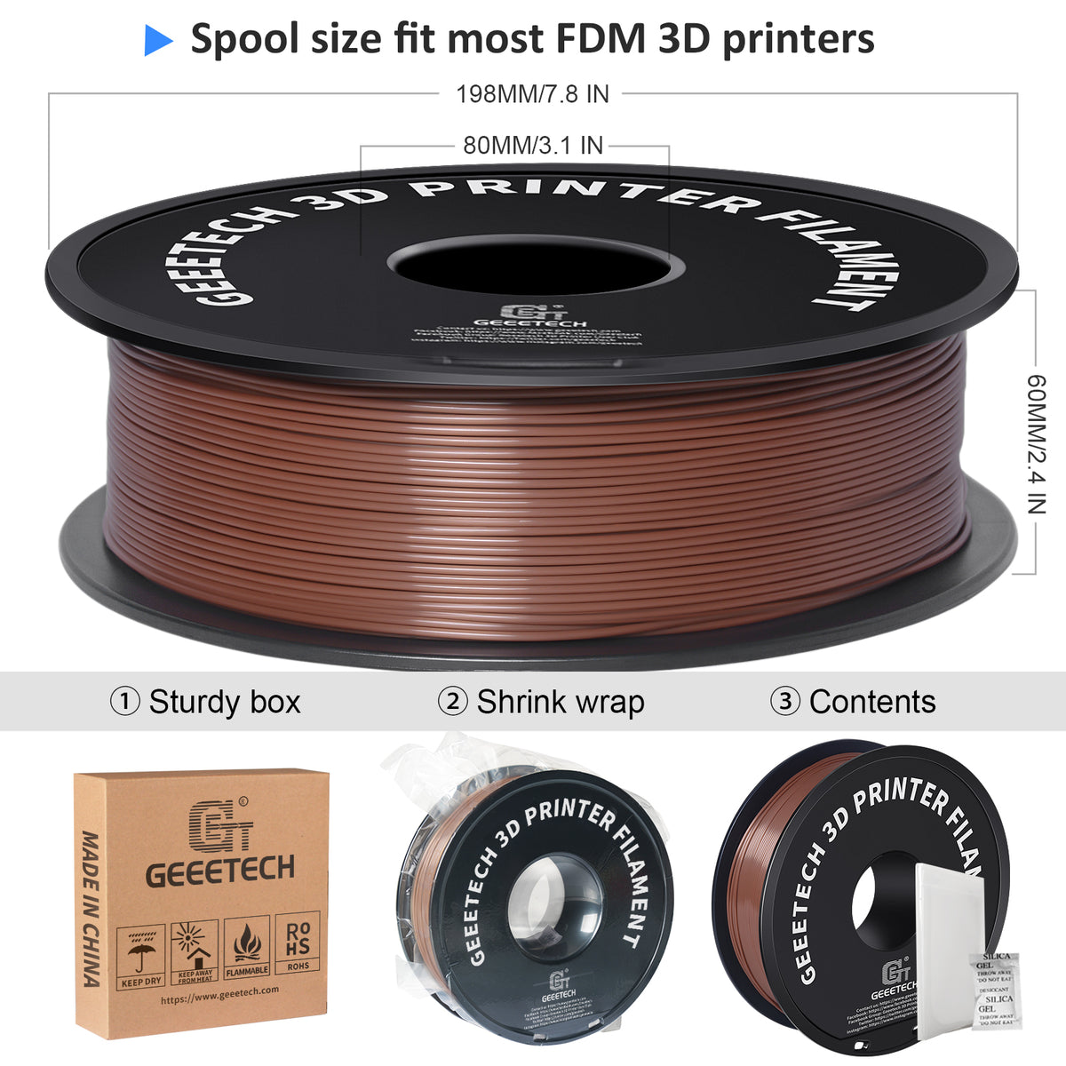 GEEETECH 3D Printer New Brown PLA Filament 1.75mm 1kg Spool (2.2lbs),Dimensional Accuracy +/- 0.03mm