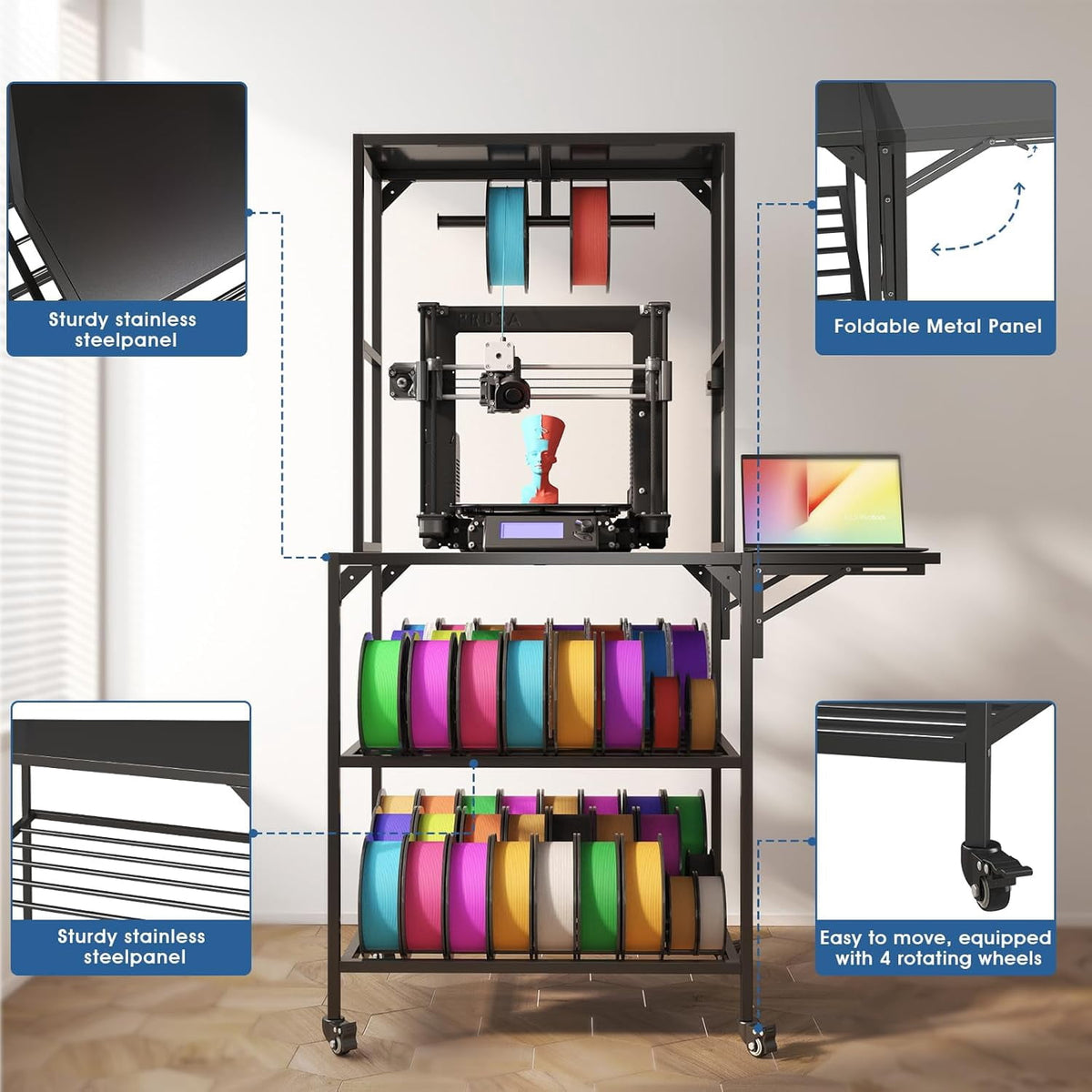 Black Metal 3D Printer Stand with Storage Rack, Wheels, and T-Shaped Spool Holder, 28.7x23.2x65.4 in