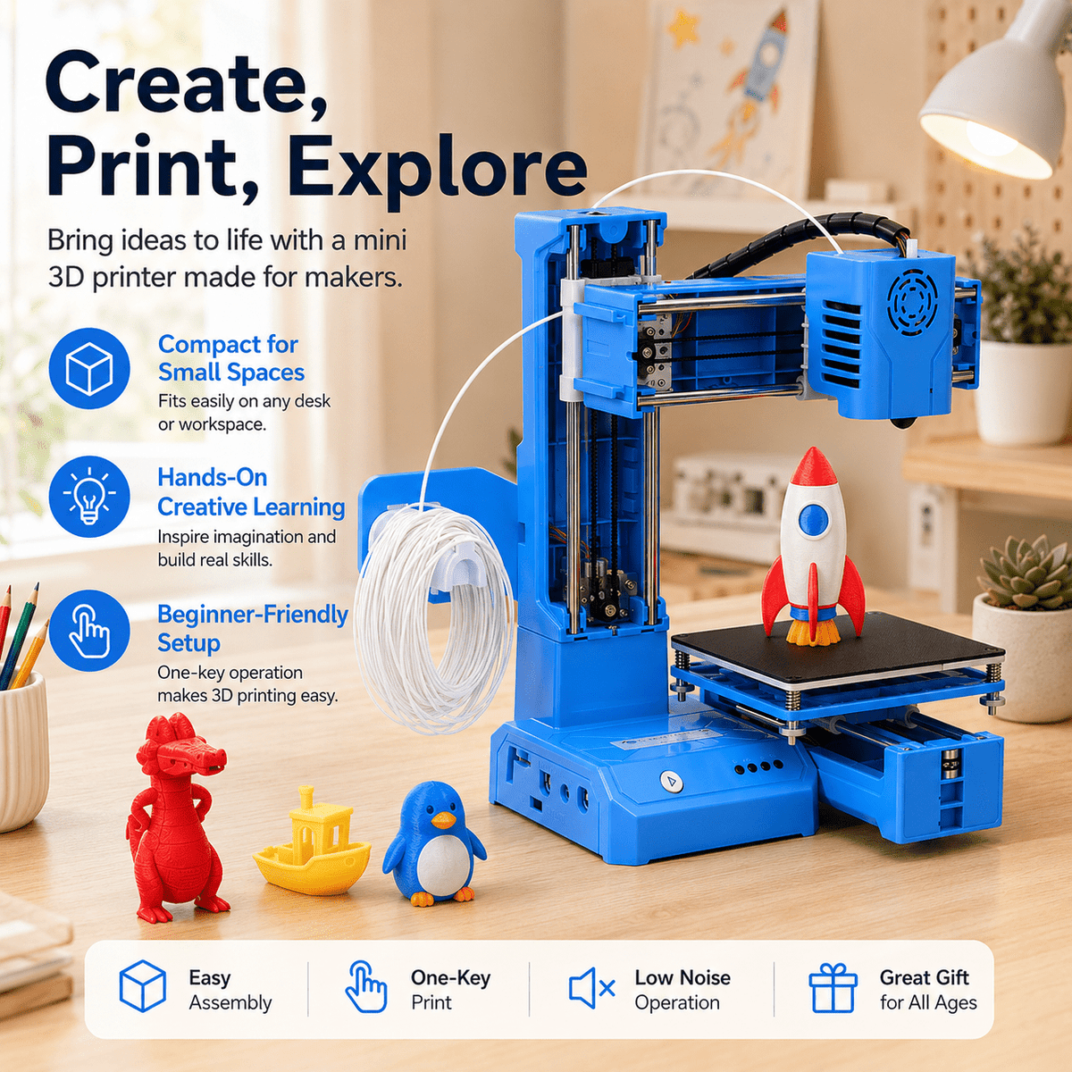 Mini 3D Printer for Kids Beginner - K9 Fully Assembled 3D Printer Toy, Automatic Leveling High-Precision, Safe Educational STEM Learning Toy