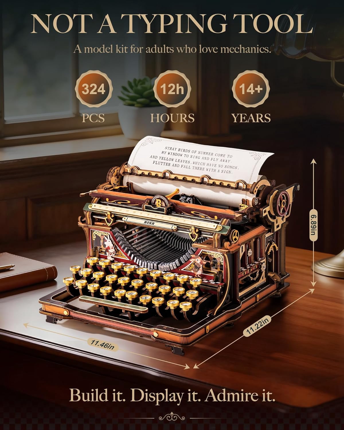 Robotime 3D Wooden Vintage Typewriter Puzzle, Mechanical Model Building Kit 320 Pieces LK703B