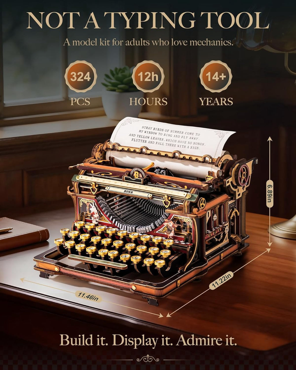ROKR Vintage Typewriter 3D Wooden Puzzle Kit Mechanical Model with Moving Keys and Paper Roller, Retro Desktop Decor Craft for Adults