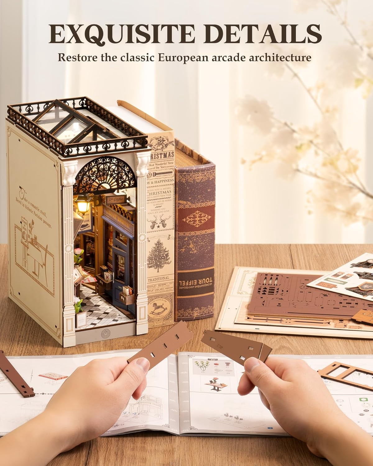 Robotime DIY Book Nook Wooden 3D Puzzle Miniature House for Adults- European Arcade Street Scene