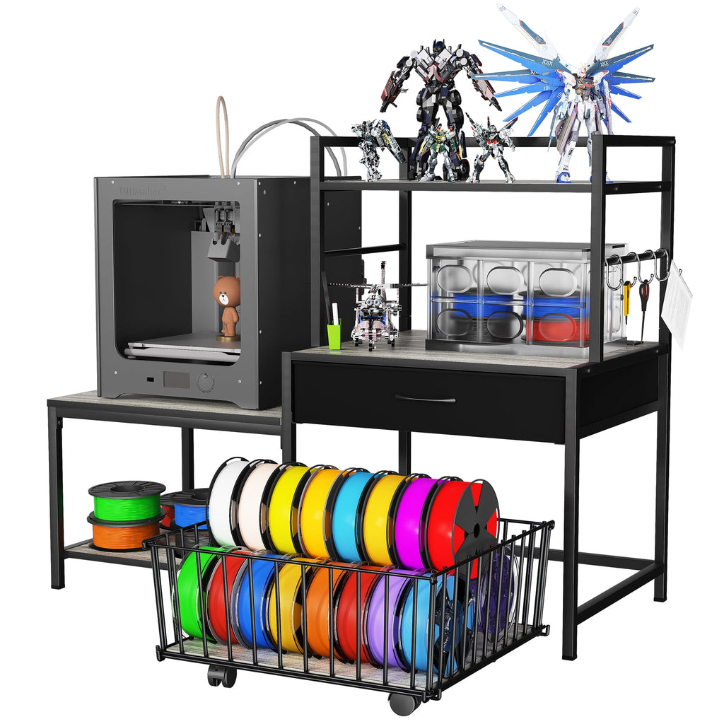 Heavy Duty 3D Printer Stand with Storage Shelf and Drawer, Industrial Rolling Printer Rack for 3D Printer Filament and Tools, Sturdy Metal Frame Printer Table for Home Office Workshop