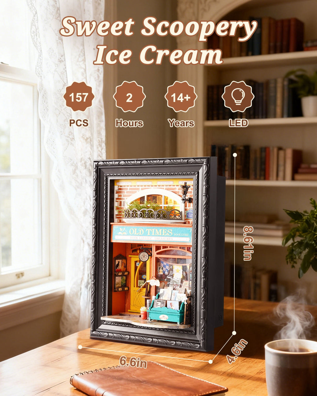 Robotime 3D Wooden Puzzle, Wall-Mountable Tiny Home Creative Frame, DIY Dollhouse Building Set with LED for Home Decor, Christmas Birthday Gifts for Adults Teens(Old Times Bookstore)