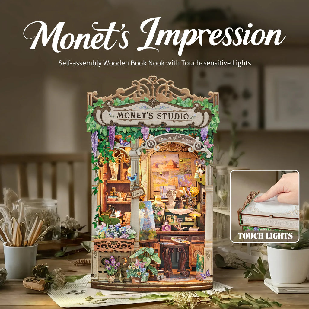 Strucwood DIY Book Nook Kit Monet's Impression Wooden Puzzles with LED Dust Cover,3D Crafts Hobbies Gifts for Adults（SQ-81）