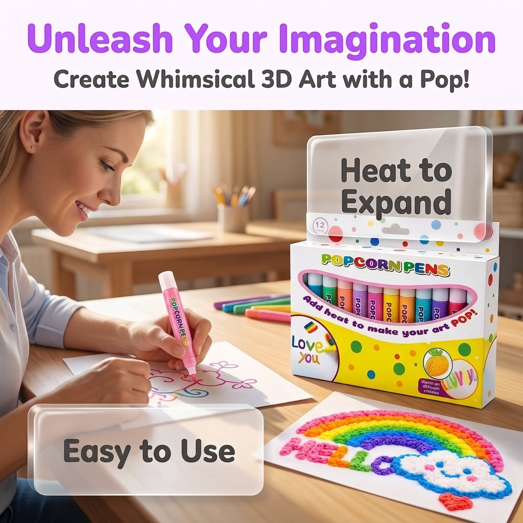 "Popcorn" 3D Puffy Pens (Pack of 6/12) — DIY 3D Bubble Art Markers with Heat-Activated Puffy Ink; Perfect for Greeting Cards, Doodling, and Crafts — A Fun Gift
