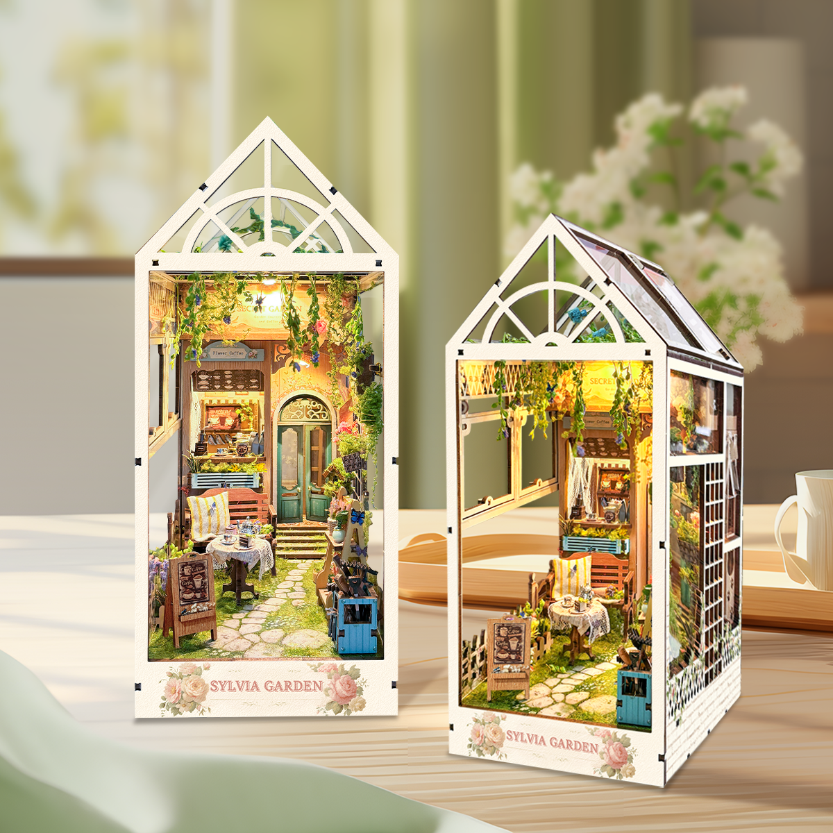 Strucwood DIY Book Nook Kit Sylvia Garden Wooden Puzzles with LED Dust Cover,3D Crafts Hobbies Gifts for Adults(SQ-22)