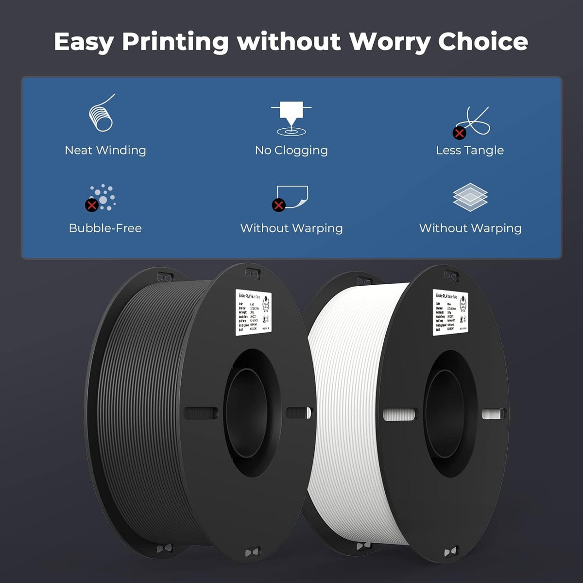 2-Pack Creality 3D Printer Filament, 1.75mm PLA Filament 2kg, No-Tangling,Accuracy +/- 0.02mm, Black & White