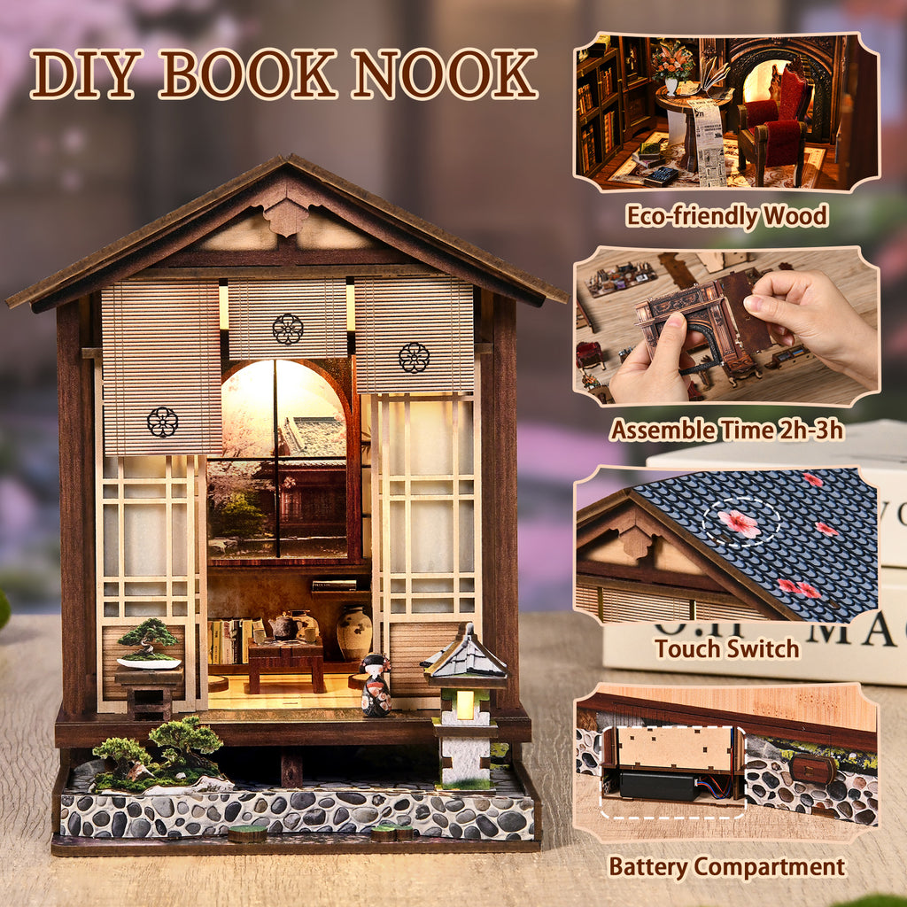 Strucwood DIY Book Nook Kit Japan Lantern Harmony Garden Wooden Puzzles with LED Dust Cover,3D Crafts Hobbies Gifts for Adults（AM01-005）